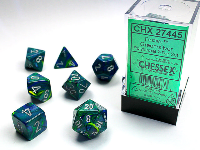 Festive Green/silver Polyhedral 7-Dice Set