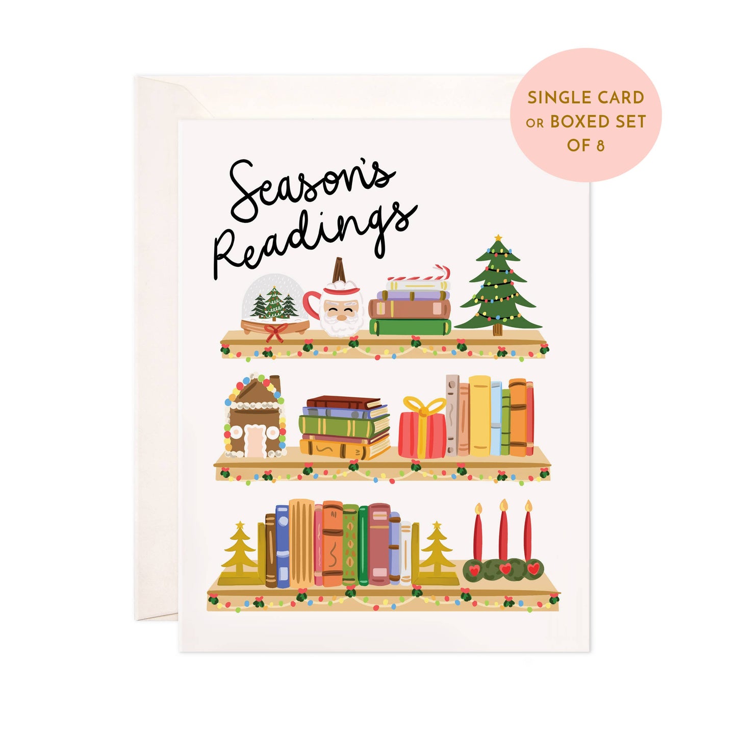 Bloomwolf Studio - Season's Readings Greeting Card - Christmas Bookstore Card: Single Card