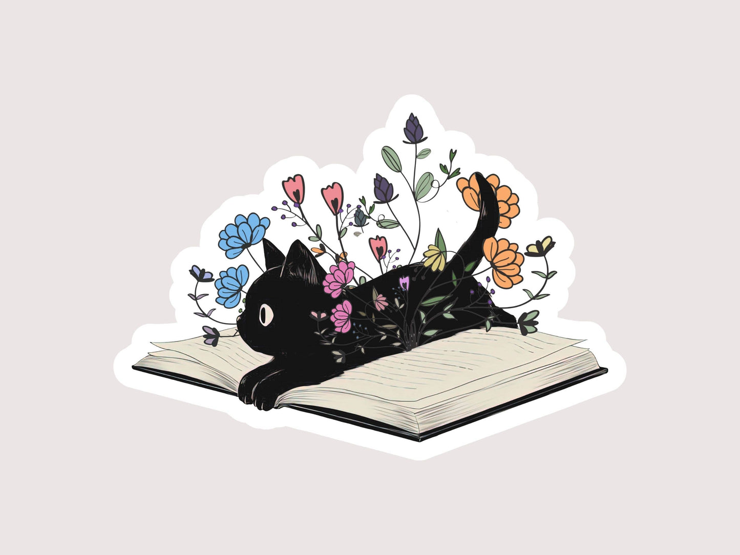 The Corner Shop - Floral Black Cat with Book Sticker