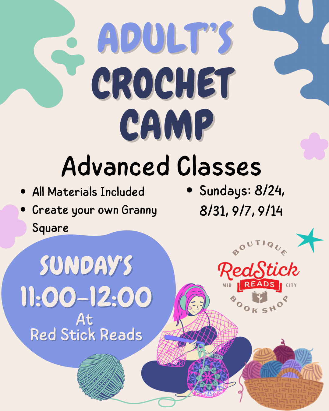 Adult's Advanced Crochet Camp 11:00- 12:00 pm