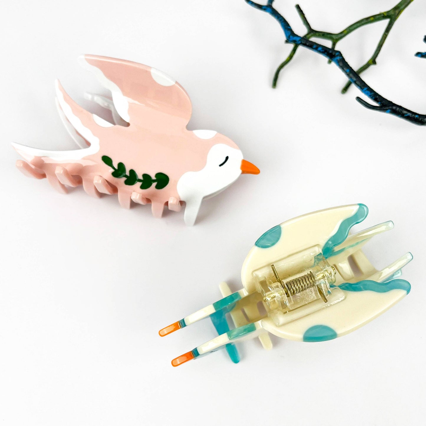 mildstyles - Spring Swallow & Leaf Acetate Animal Bird Hair Claw Clip: Blue