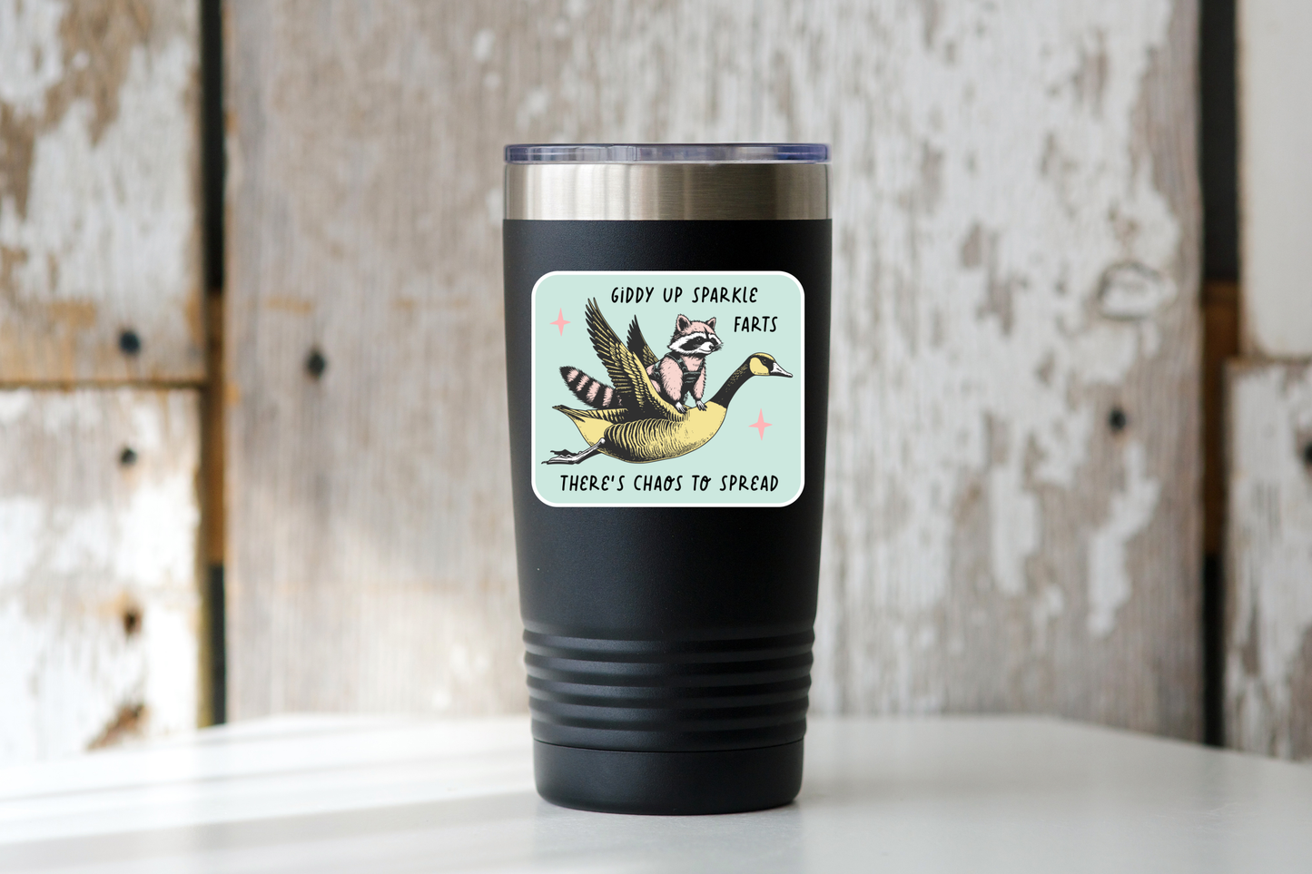 Yarnival - Giddy Up Sparkle Farts Sticker - raccoon, goose, funny, cute