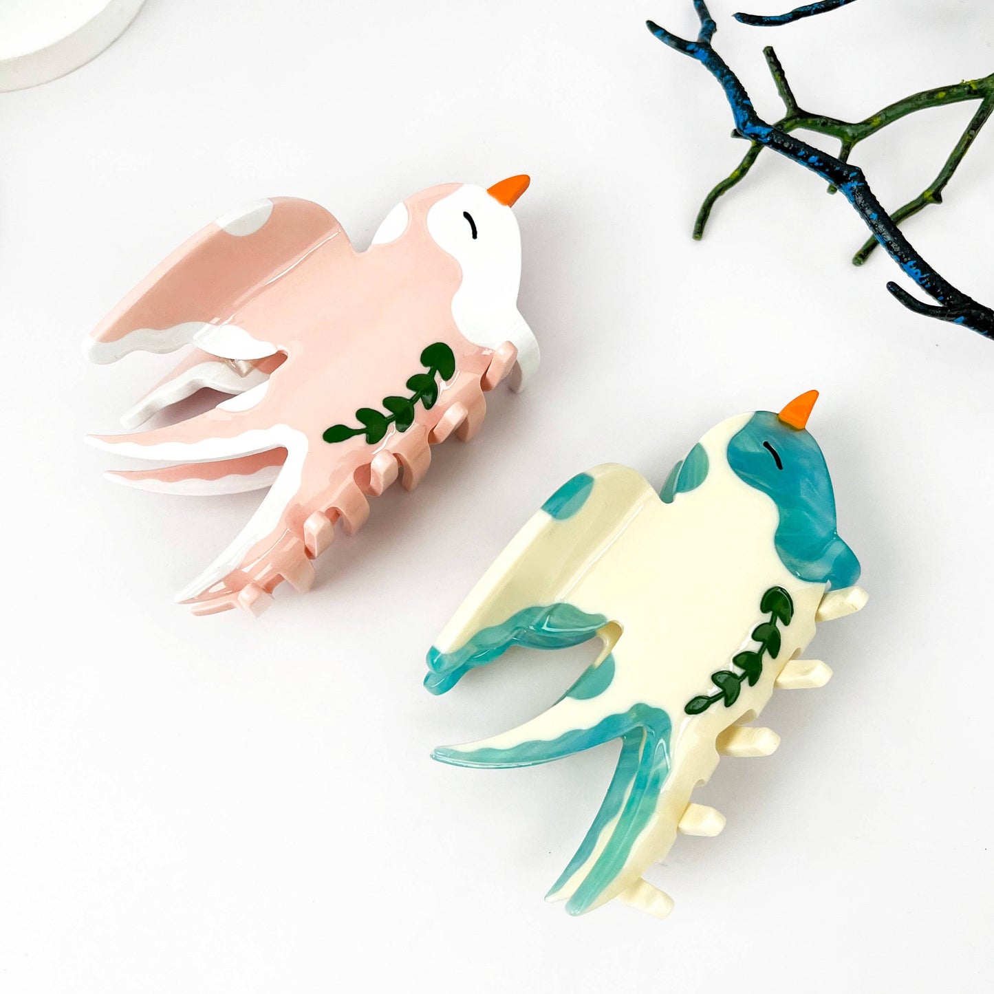 mildstyles - Spring Swallow & Leaf Acetate Animal Bird Hair Claw Clip: Pink