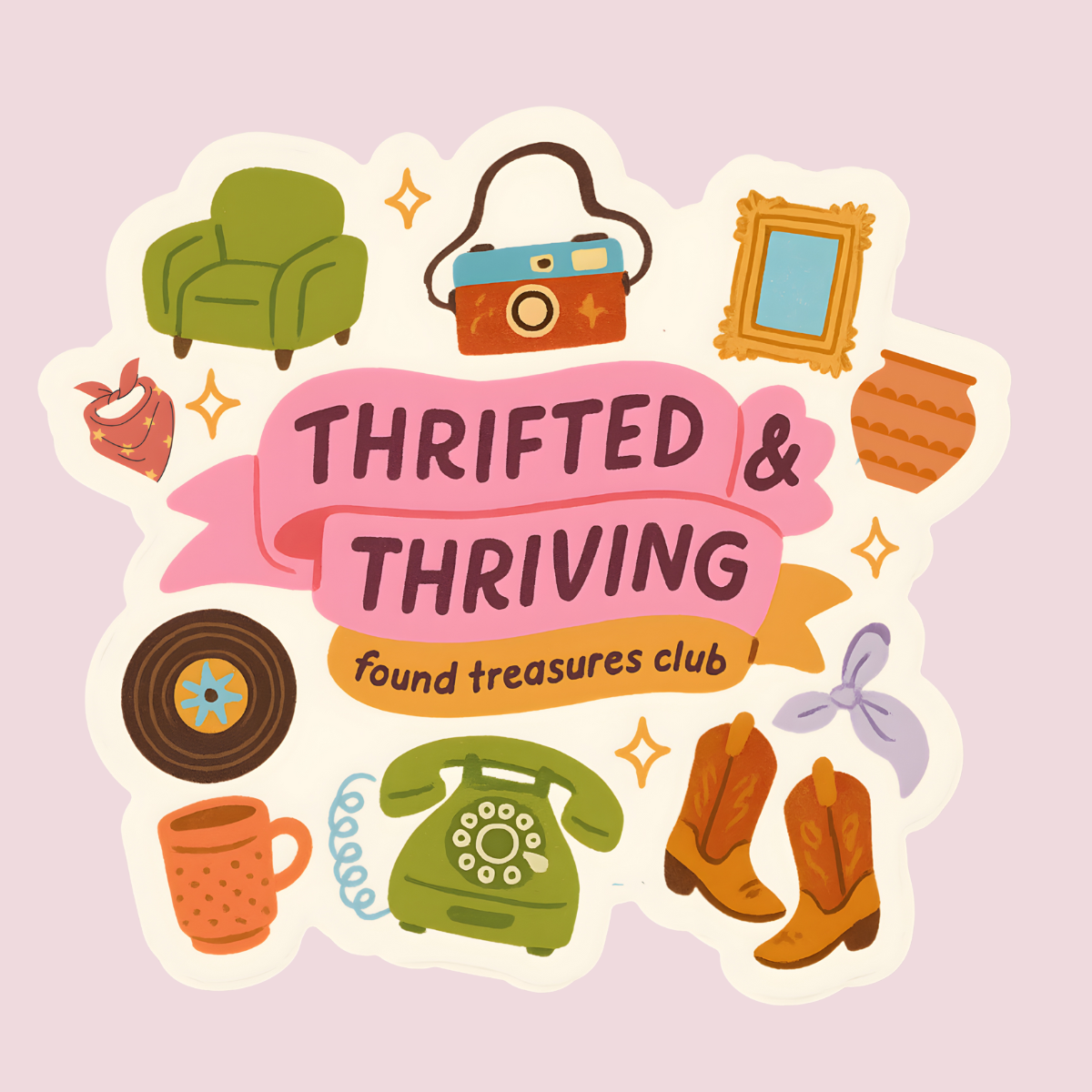 inviting affairs paperie - Thrifted & Thriving Sticker – Retro Vinyl for Vintage Lovers