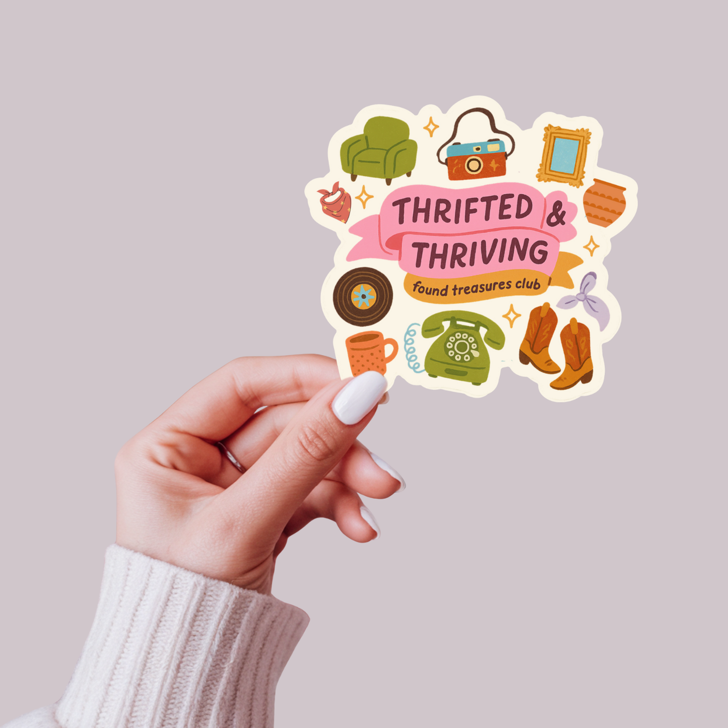 inviting affairs paperie - Thrifted & Thriving Sticker – Retro Vinyl for Vintage Lovers