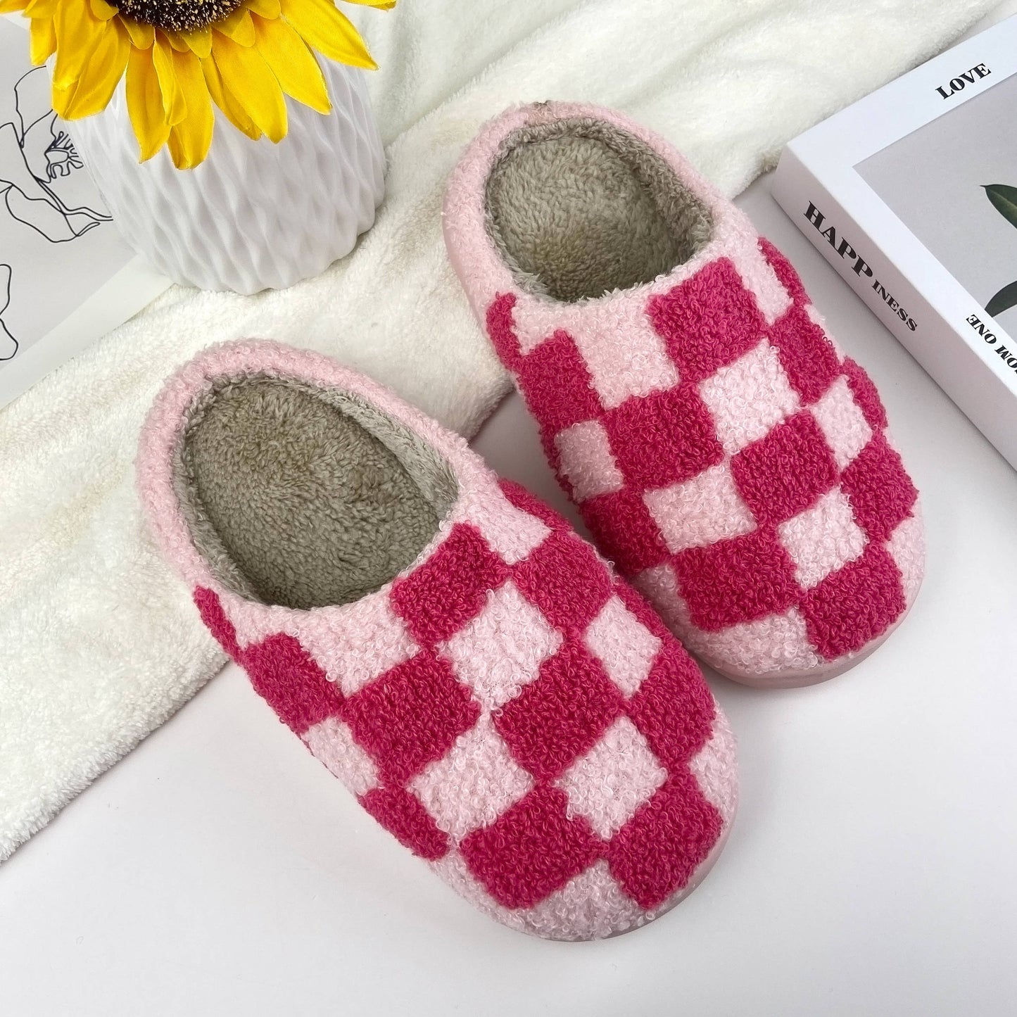 mildstyles - Checkerboard Cozy Indoor Slippers: Pink / 8