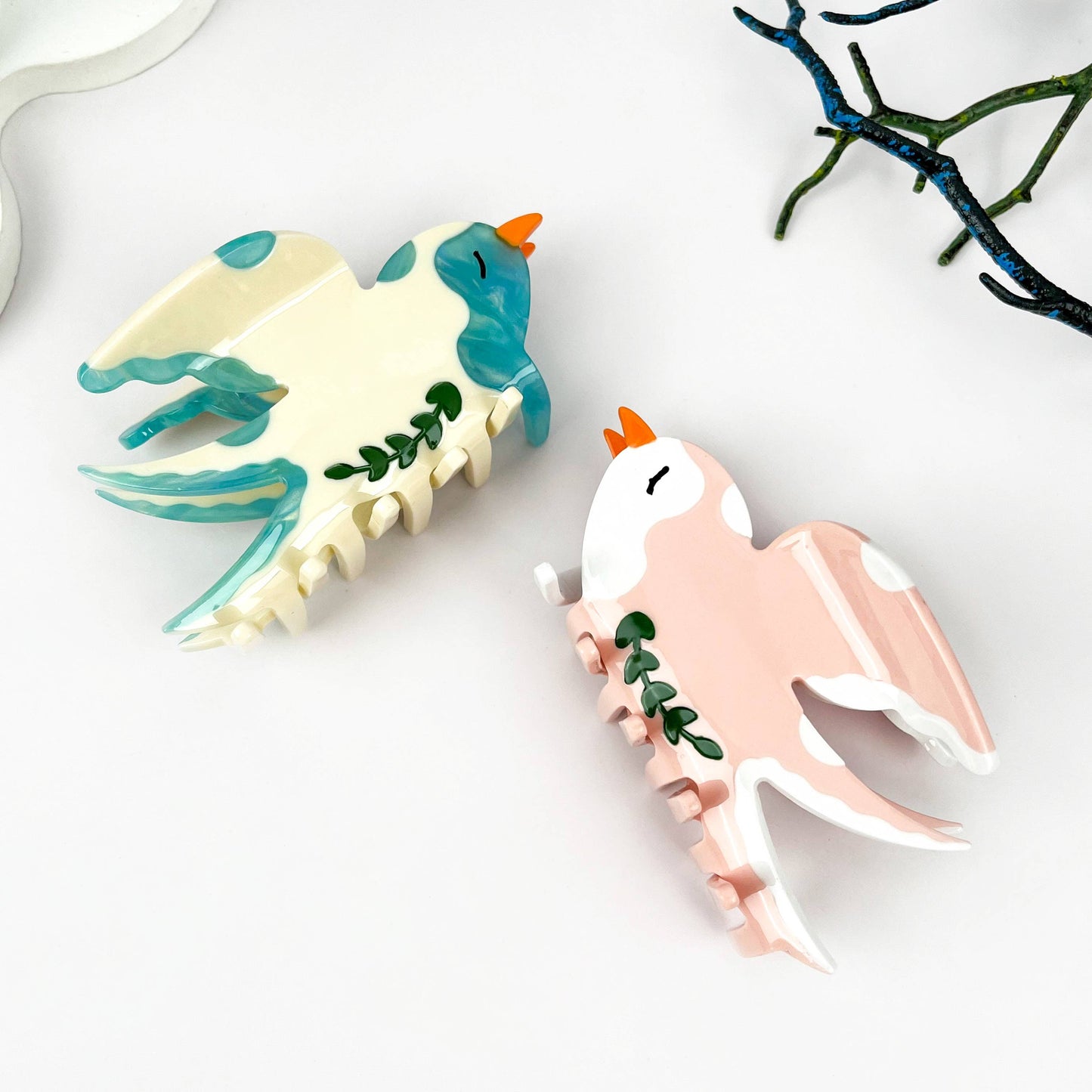 mildstyles - Spring Swallow & Leaf Acetate Animal Bird Hair Claw Clip: Pink