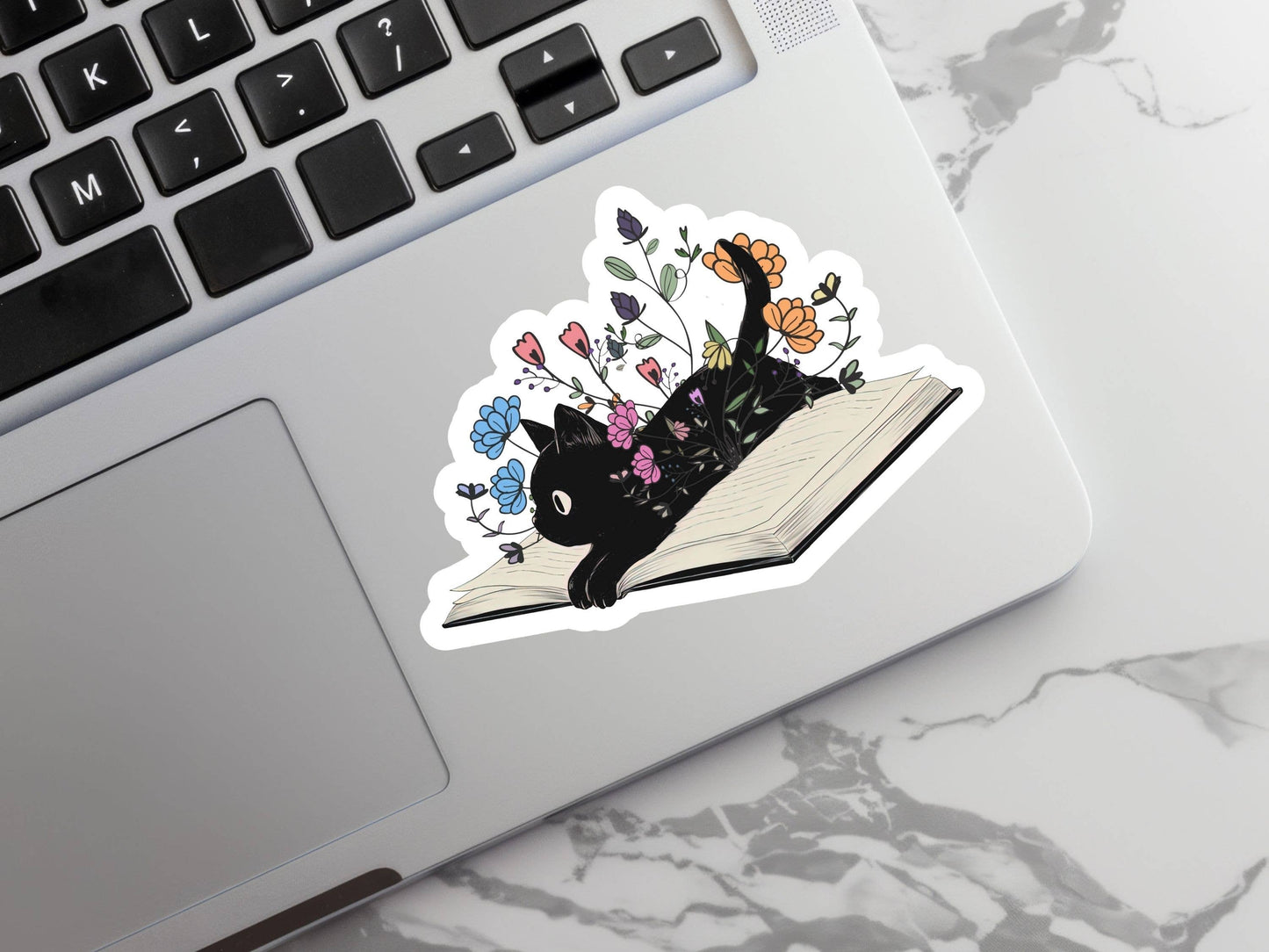 The Corner Shop - Floral Black Cat with Book Sticker
