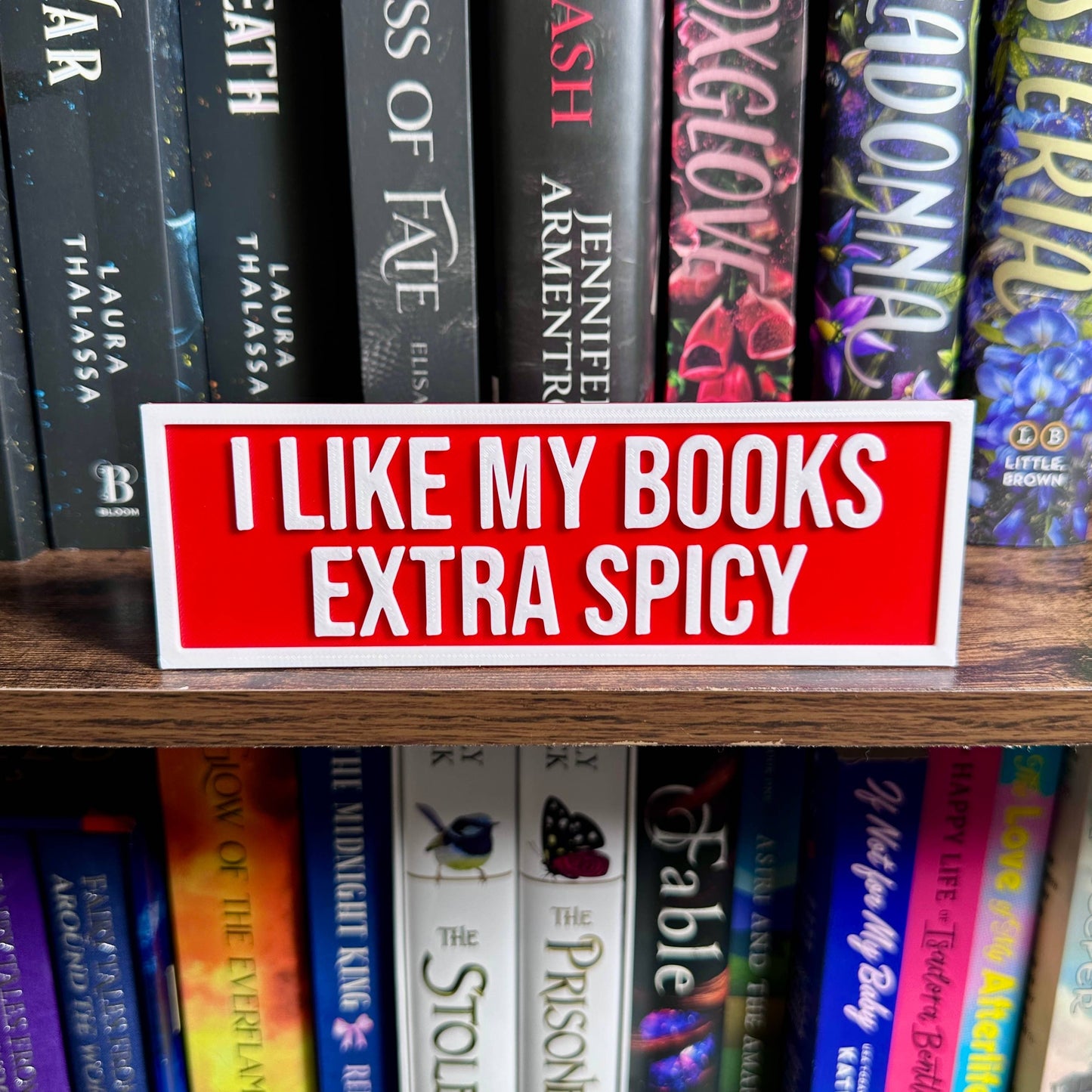The Crafted Nook - I Like My Books Extra Spicy Sign | Bookshelf Decor: Purple Pastel