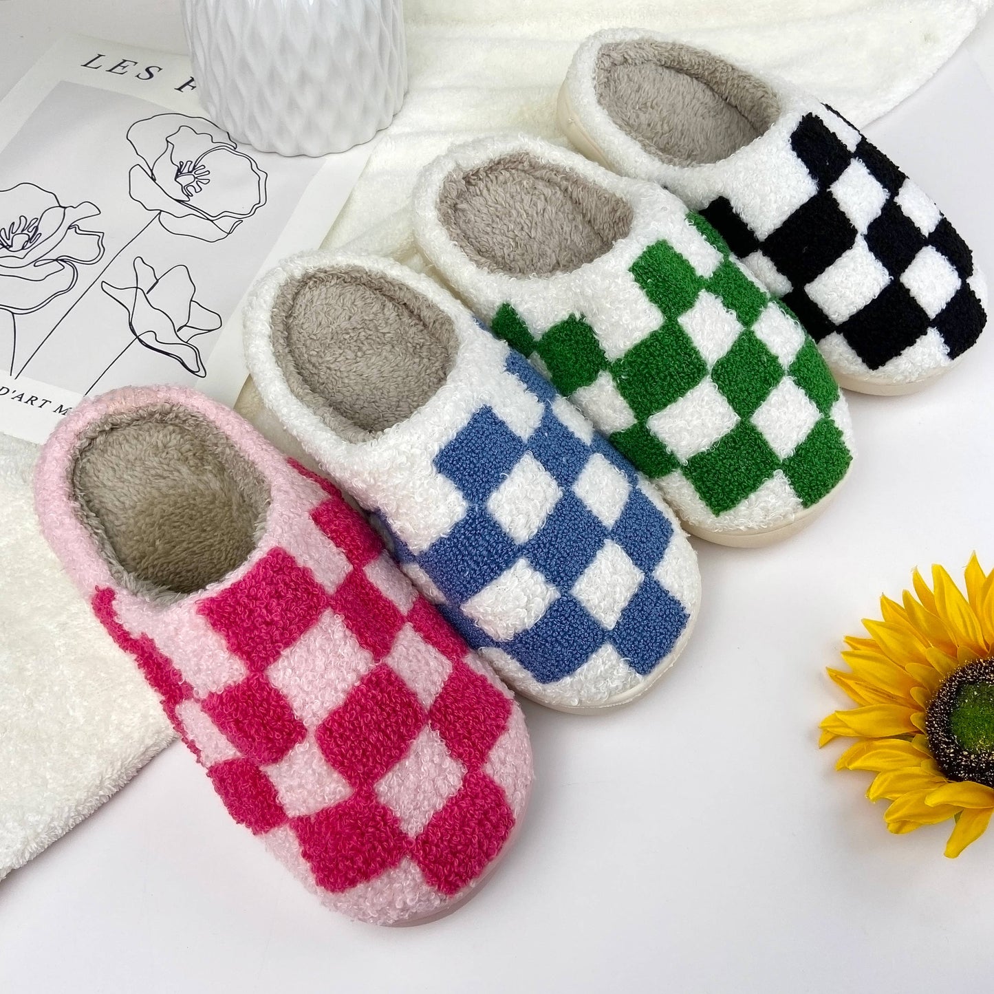 mildstyles - Checkerboard Cozy Indoor Slippers: Pink / 8