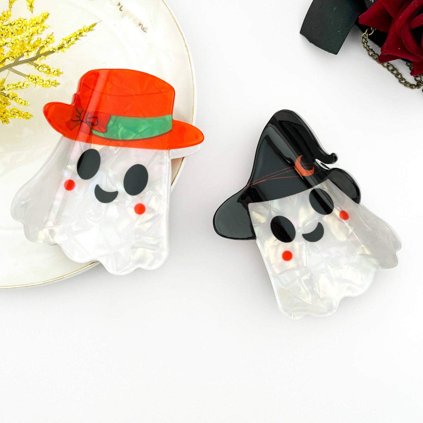 mildstyles - 👻 White Ghost Hair Claw with Hat – Cute Spooky Clip 🎩: Black