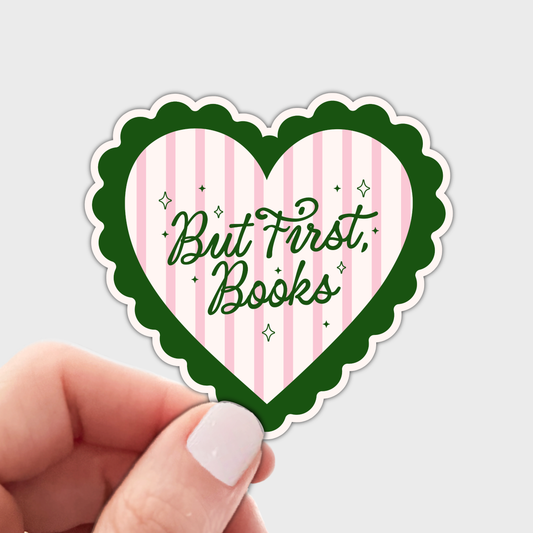 Yarnival - But First, Books Sticker - reading, coquette, heart, women