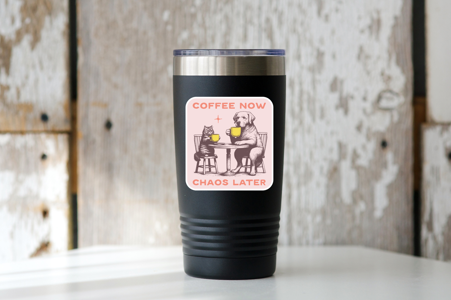 Yarnival - Coffee Now Chaos Later Sticker - shop, latte, dog, cat, cafe