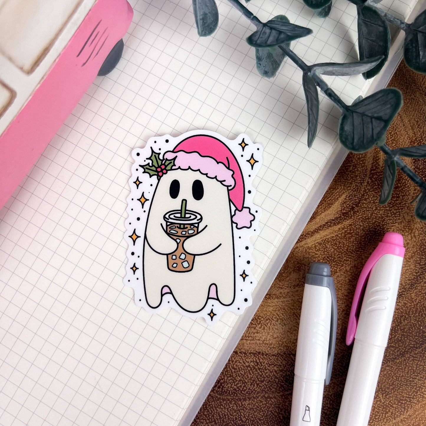 Cozy Reads Shop - Christmas Ghost Iced Coffee Waterproof Matte Sticker