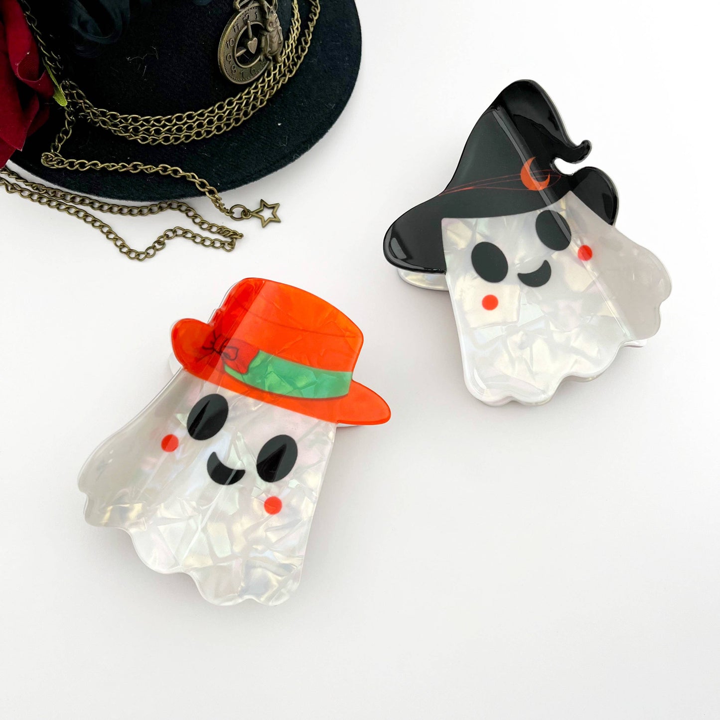 mildstyles - 👻 White Ghost Hair Claw with Hat – Cute Spooky Clip 🎩: Black