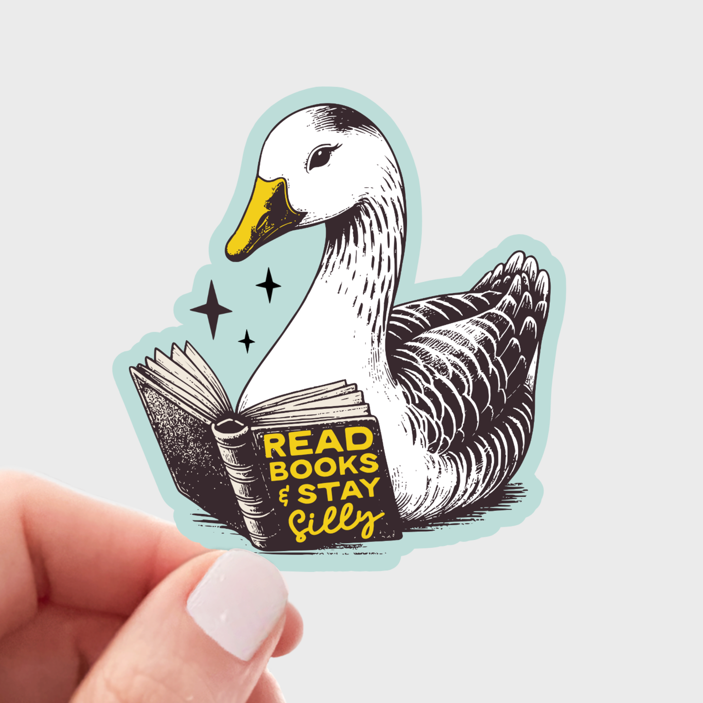 Yarnival - Read Books & Stay Silly Sticker - bookstore, shop, goose