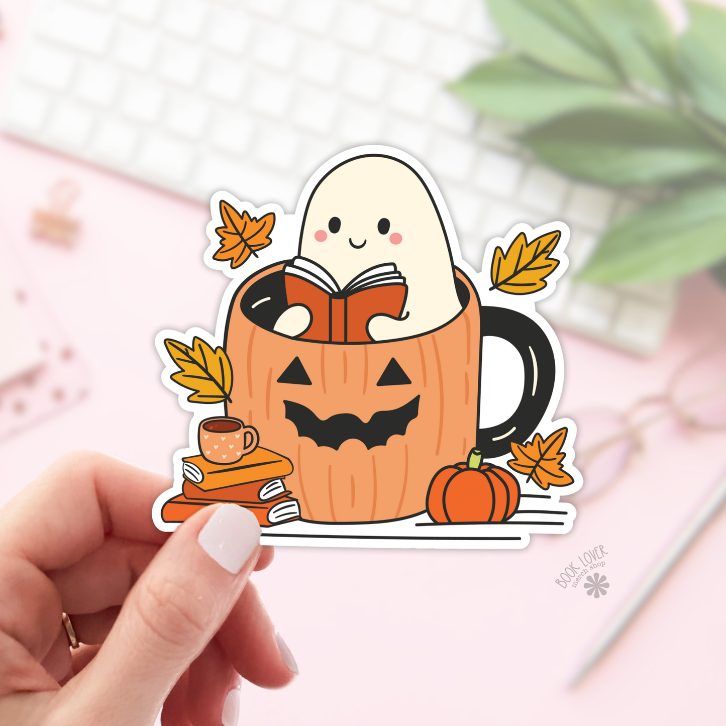 Book Lover Merch Shop - Ghost Reading in a Pumpkin Mug Stickers / Bookish Stickers: Matte Stickers 3''