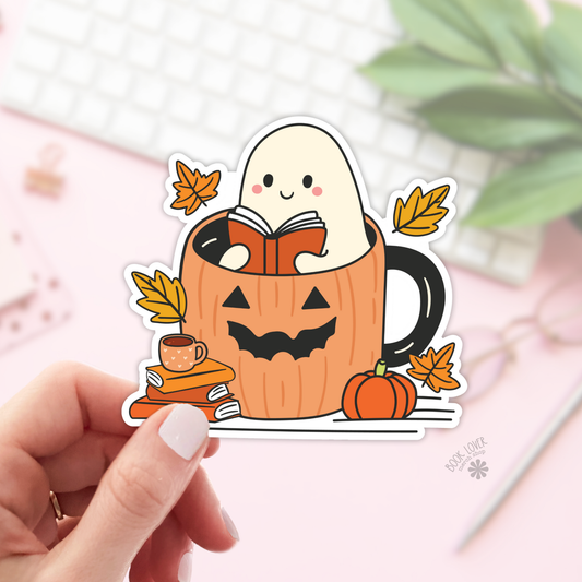Book Lover Merch Shop - Ghost Reading in a Pumpkin Mug Stickers / Bookish Stickers: Matte Stickers 3''