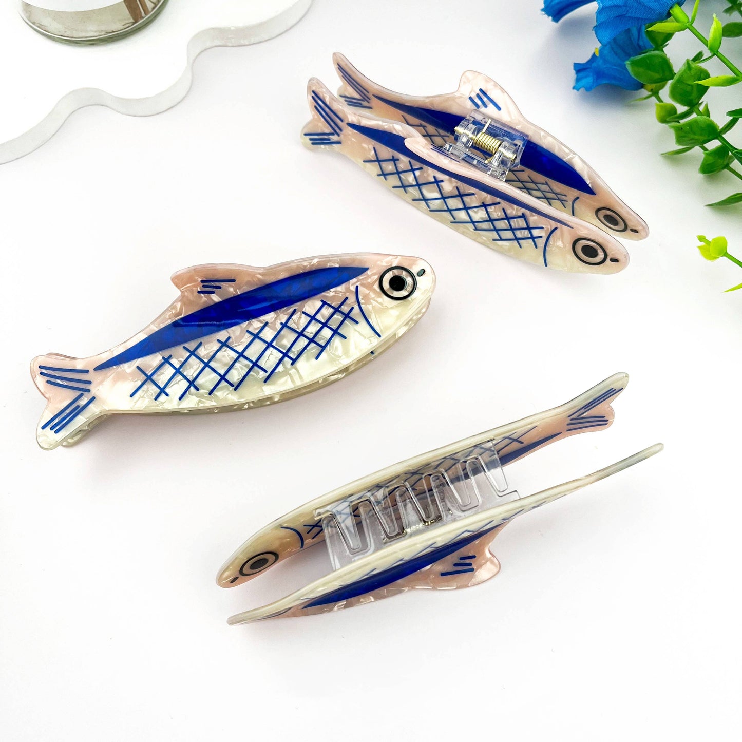 mildstyles - 12cm Oversized Sardine Print Acrylic Hair Claw Clip: Blue