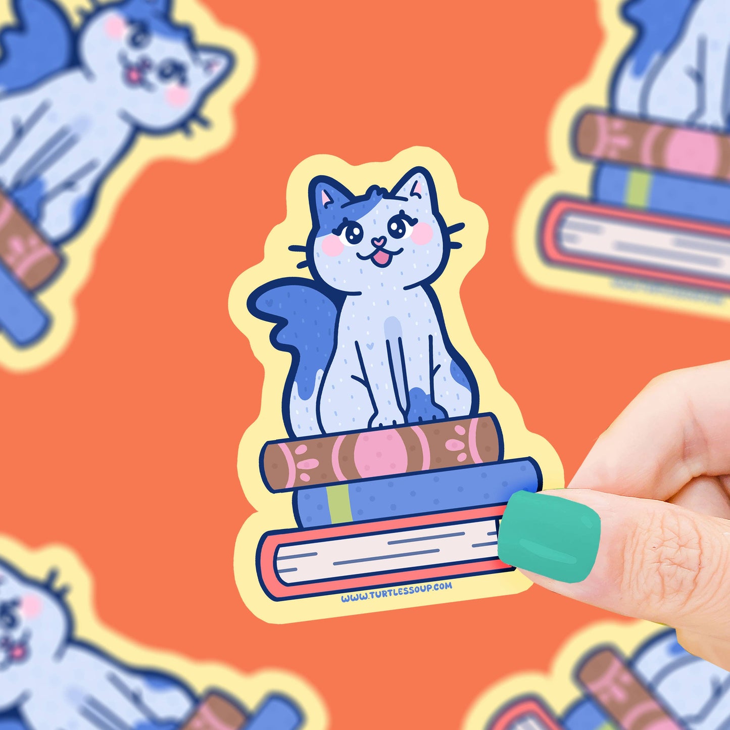 Turtle's Soup - Cat on Stacked Books Vinyl Sticker