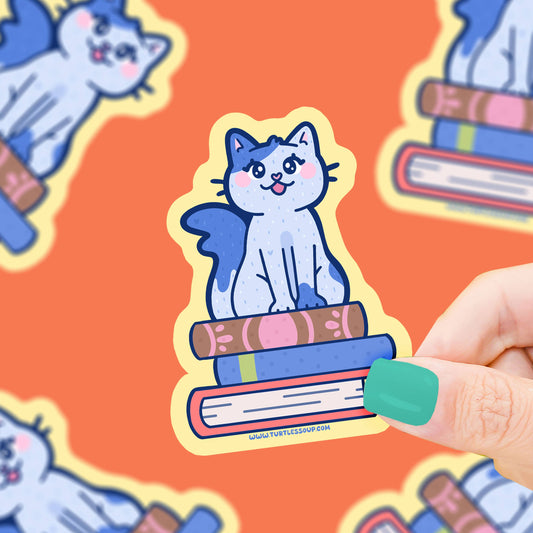Turtle's Soup - Cat on Stacked Books Vinyl Sticker