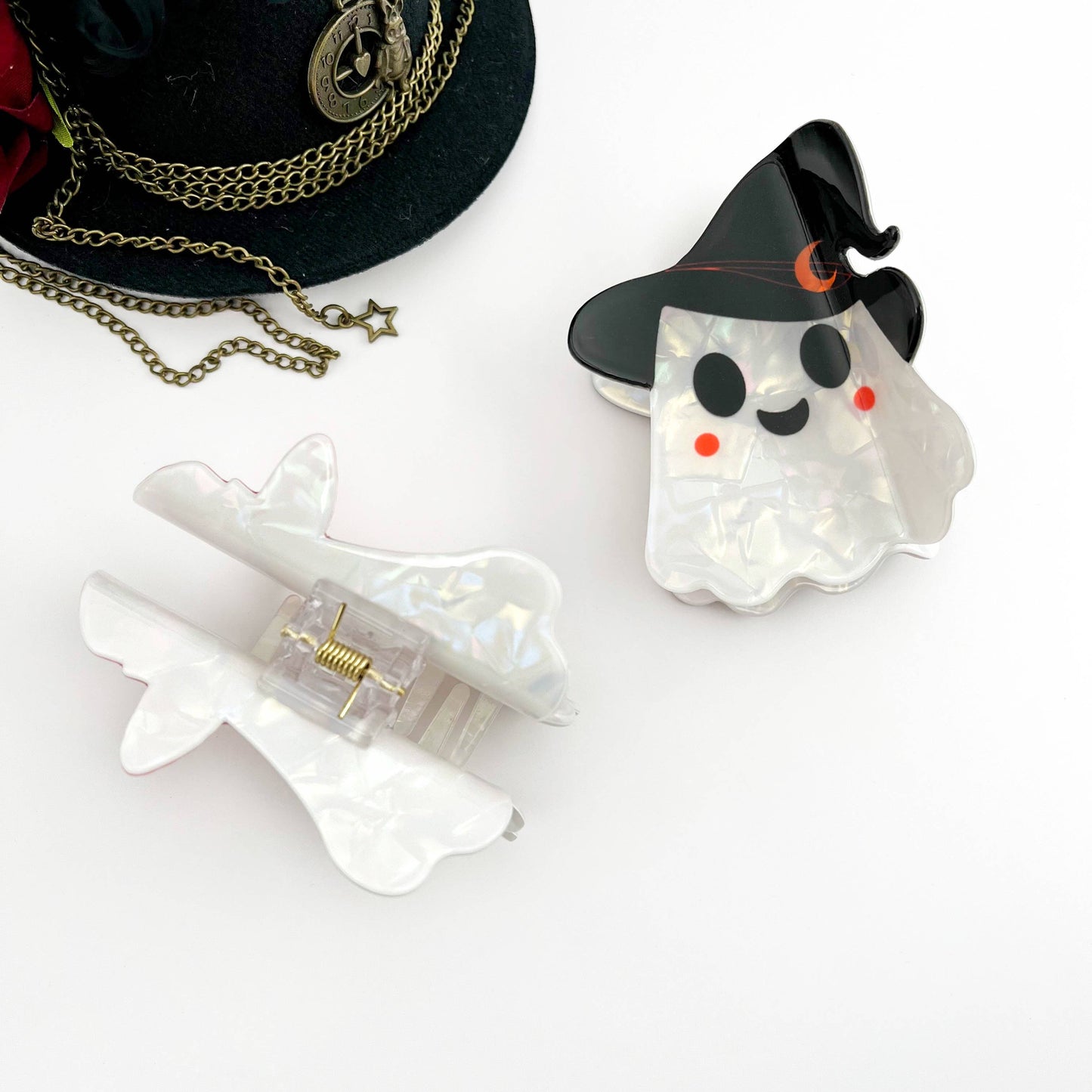 mildstyles - 👻 White Ghost Hair Claw with Hat – Cute Spooky Clip 🎩: Black