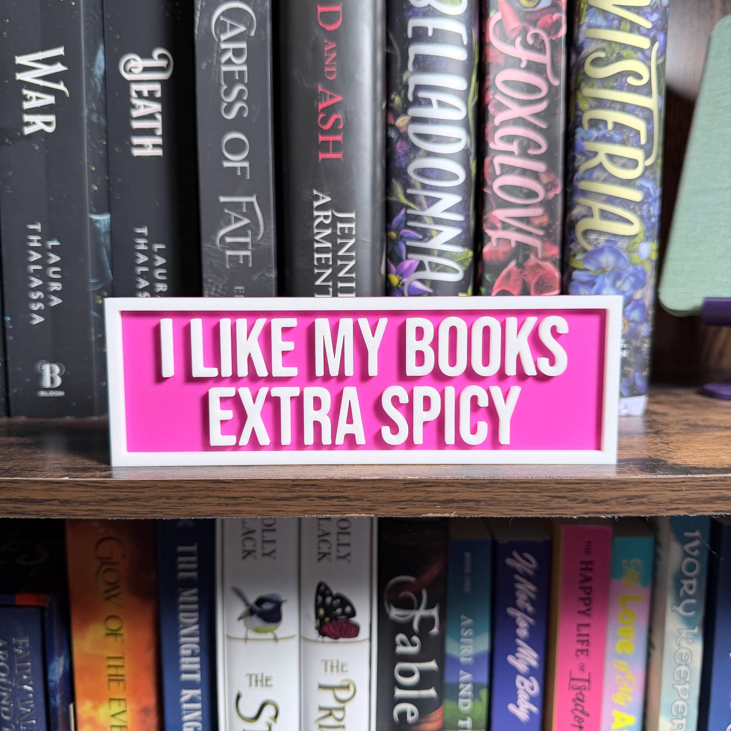 The Crafted Nook - I Like My Books Extra Spicy Sign | Bookshelf Decor: Purple Pastel