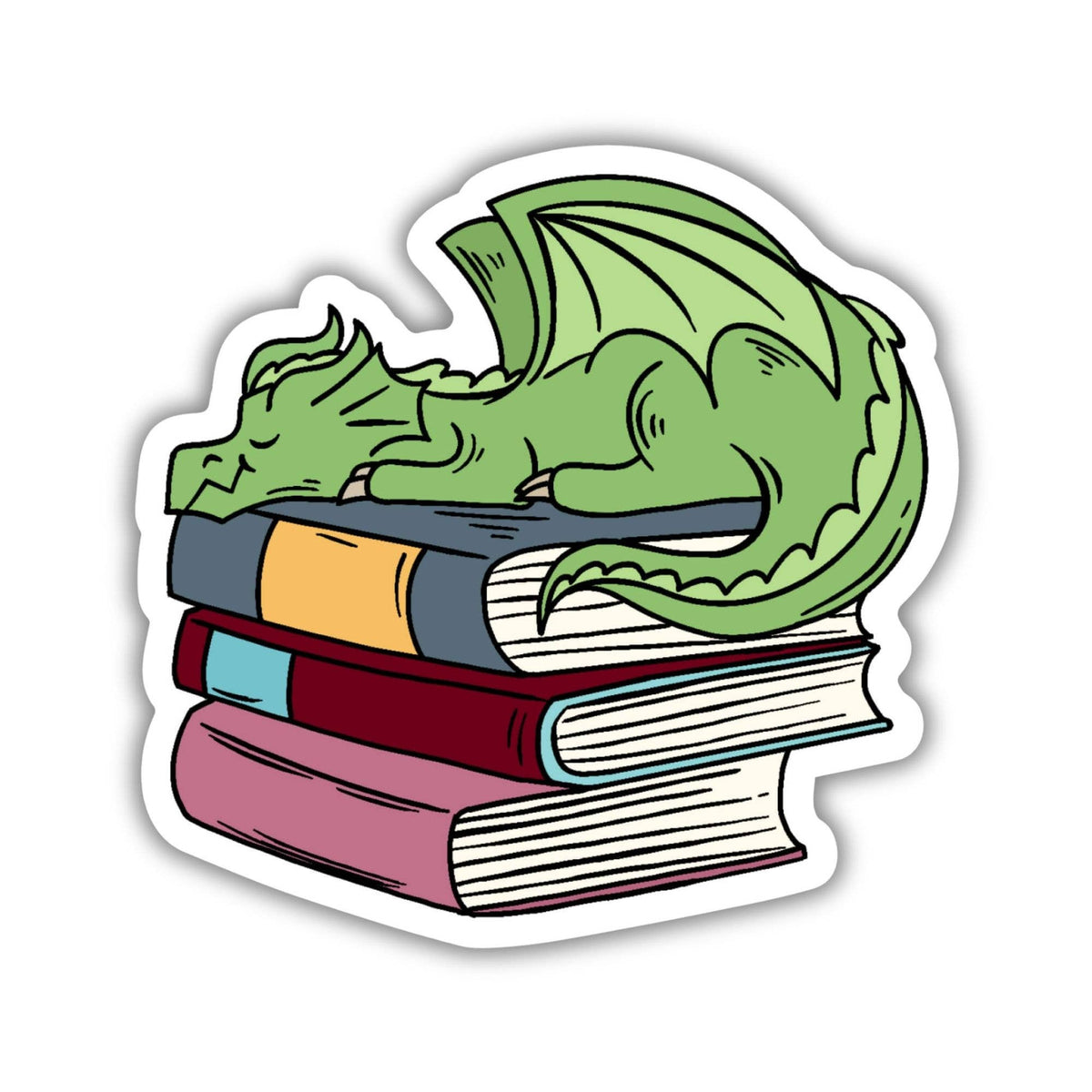Kingdom of Threads - Dragon Sleeping on Book Pile Sticker