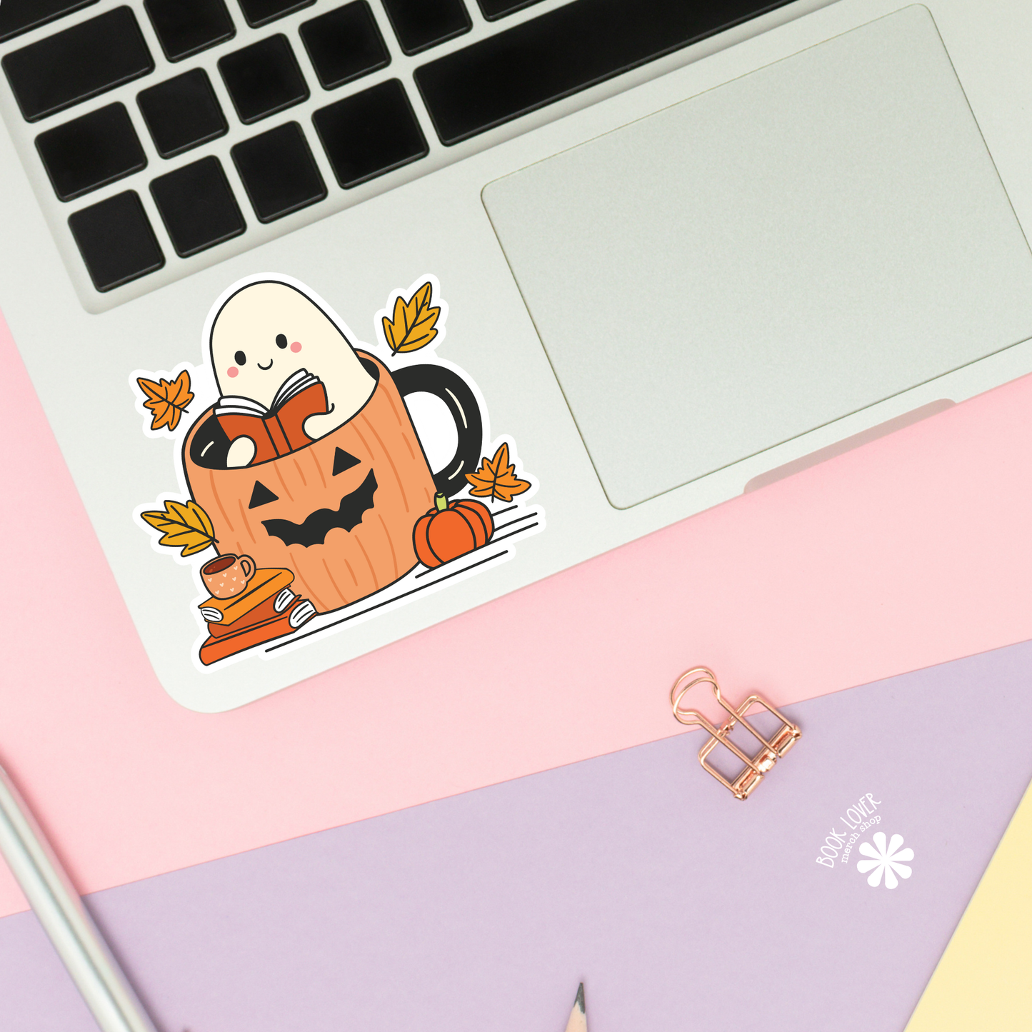 Book Lover Merch Shop - Ghost Reading in a Pumpkin Mug Stickers / Bookish Stickers: Matte Stickers 3''
