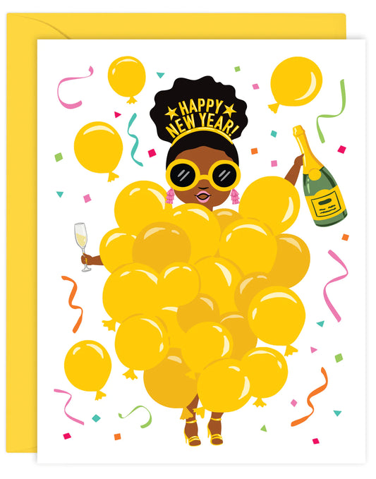 Balloon Girl Happy New Year Greeting Card
